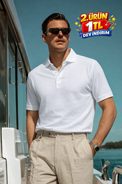 DAMGA JEANS Ανδρικό καθημερινό άνετο λευκό μπλουζάκι με λαιμόκοψη πόλο