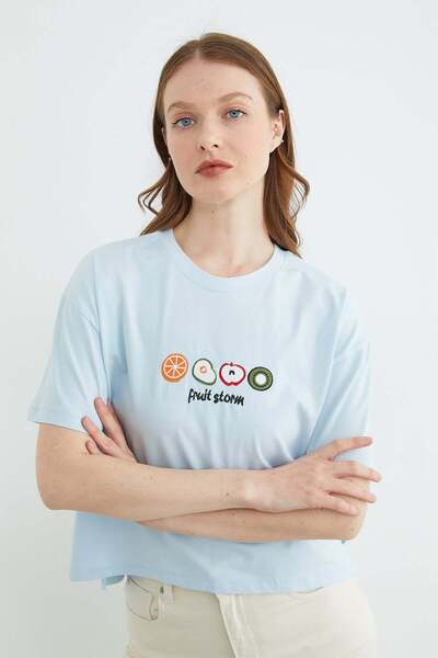 Fulla Moda Fruit Embroidered Slit Oversized T-Shirt