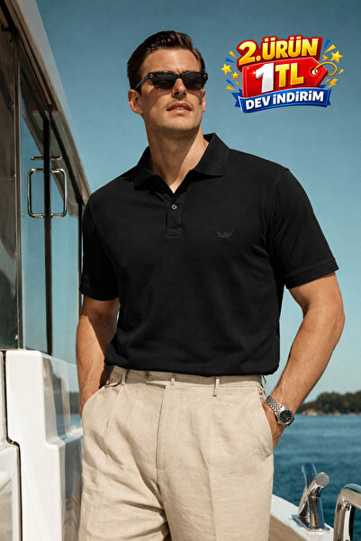 DAMGA JEANS Men's Casual Comfortable Black Polo Neck T-Shirt