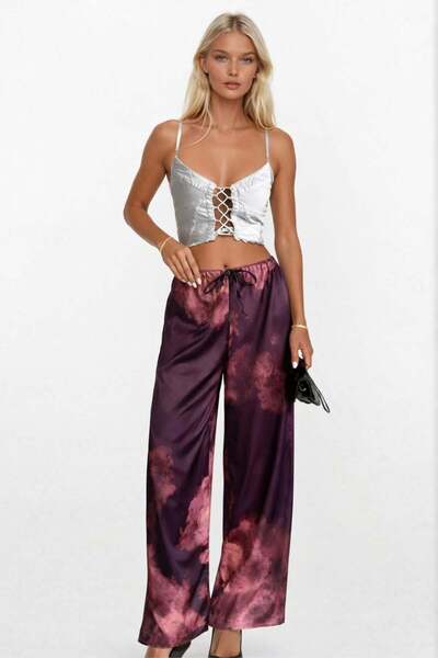 Maison Laudace Patterned Satin Trousers with Elastic Waist