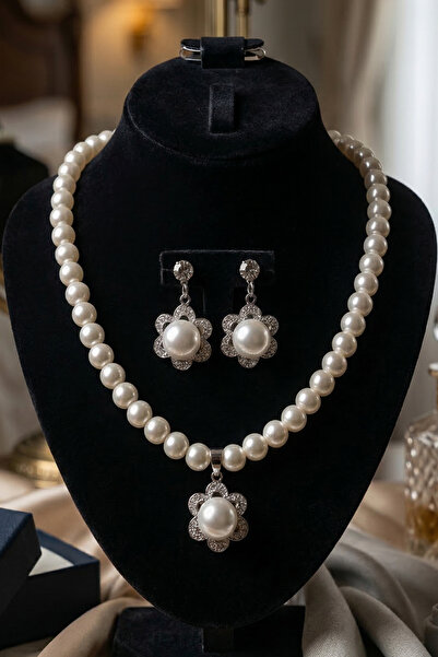 OSMANLI GÜMÜŞ Kadın İnci Kolye Küpe Set - Aura Model Çiçek Motifli Kadın İnci...