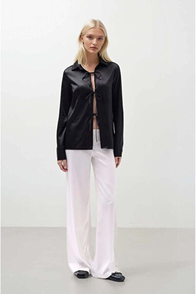 Maison Laudace Lacing Detail Satin Dark Shirt