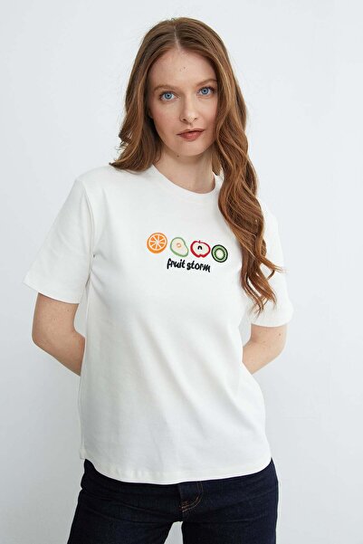 Fulla Moda Tricou guler rotund cu broderie cu fructe