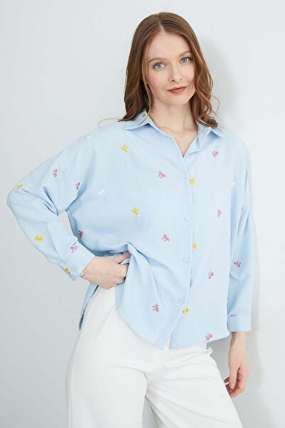 Fulla Moda Bow Embroidered Oversized Shirt