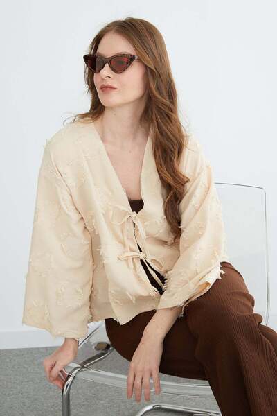 Fulla Moda Tasseled Casual Kimono with Tie-Detail Front Panels