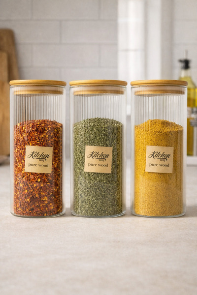 Kitchen Way Bamboo Gasketed Borosilicate 1.5 Liter Round Striped 3-Piece Jar ...