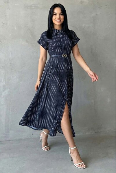 Madmext Navy Blue Polka Dot Piece Belt Piece Shirt Women's Dress Mg2787