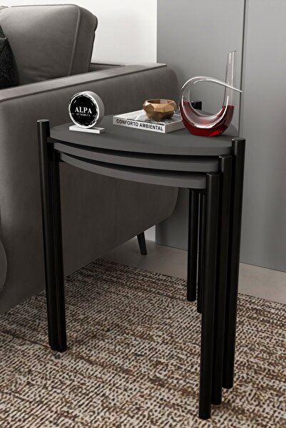 alpaevmobilya 3'lü Üçgen Zigon Sehpa Seti | Metal Ayaklı Salon Oturma Odası Y...