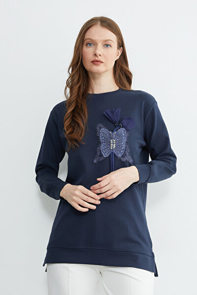 Fulla Moda Butterfly Embroidered Stoned Crew Neck Tunic