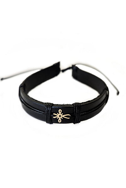 Wild Bracelets Men's bracelet made of black genuine Leather with 14k Gold Cro...