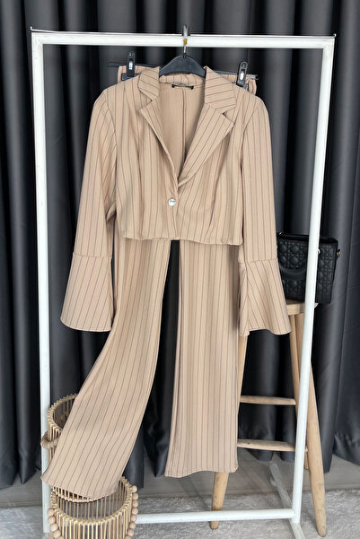 Mistix Omuz Padded Shoulders Retro Striped Double Set - Beige Beige