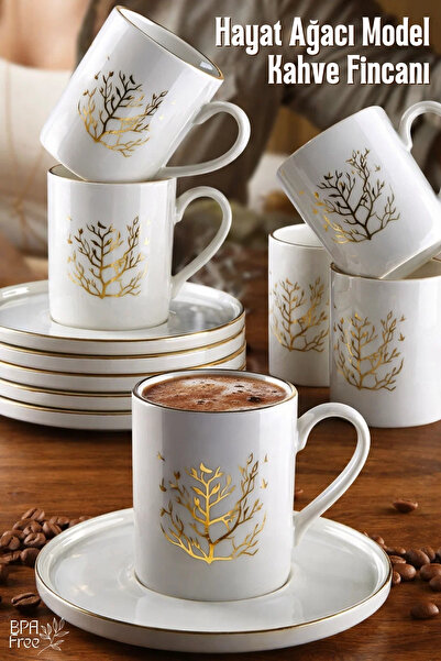 GİNZAMAİSON 6 Kişilik Hayat Ağacı 12 Parça Kahve Fincan Takımı