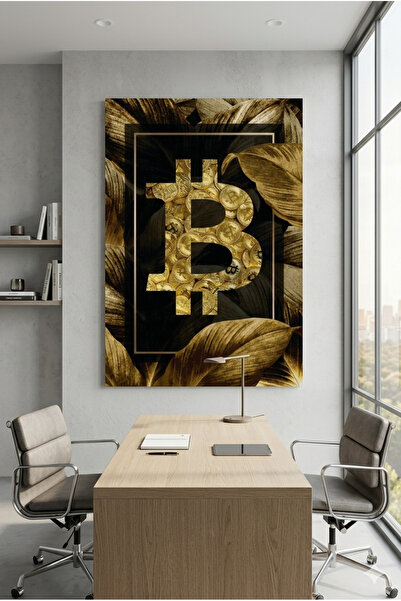 BLT DİZAYN Bitcoin Logo Gold Textured Aesthetic Glass Painting