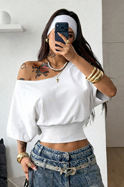 Tarz Cool Дамска бяла тениска с мадона яка, ластик в талията, къса кройка, с ...