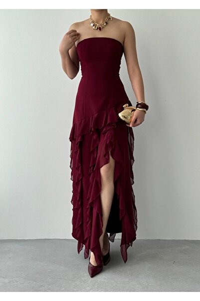 LOKADI Women's Strapless Slit Ruffle Detail Chiffon Evening Dress Mezonit