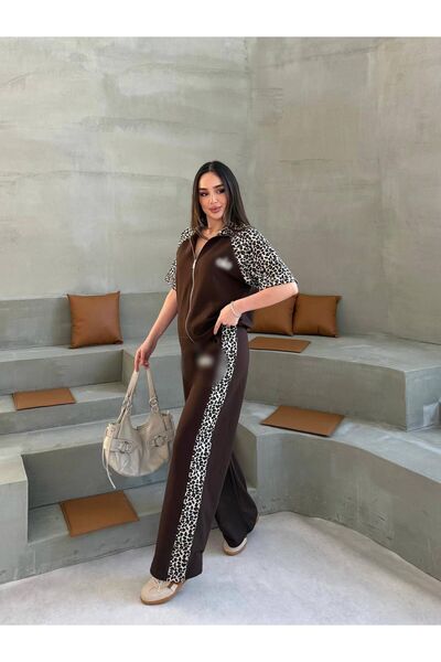mylunessa Leopar Desenli Önü Fermuarlı Kahverengi Taşlı LO Eşofman Takımı