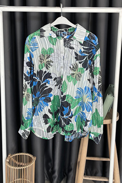 TOPSHOW Basma Desen Glittery Tulle Shirt - Green Green