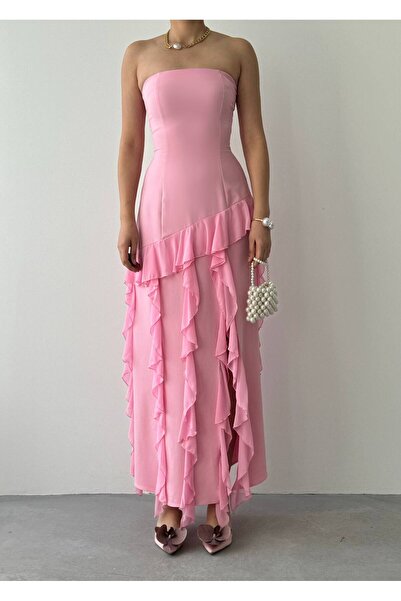 LOKADI Women's Strapless Slit Ruffle Detail Chiffon Evening Dress Mezonit