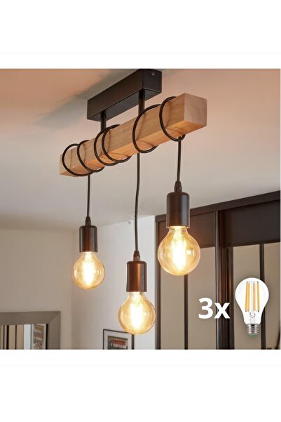 Zen Led Vintage Modern Pendant 3 x E27 Wood and Black Metal Adjustable Height...