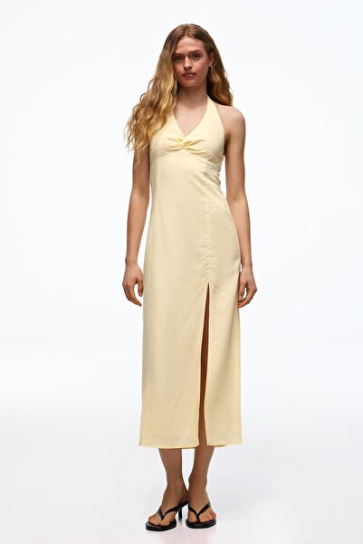 Bershka Ketenli halter midi elbise