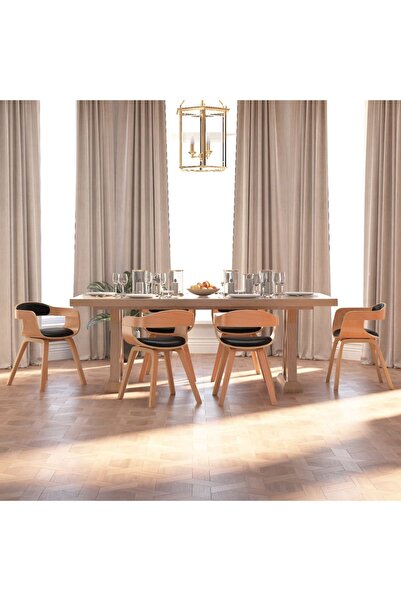 Concept Scaun de bucătărie, 6 buc. negru piele ecologică și lemn curbat