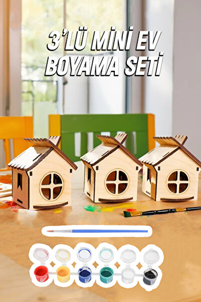 kutuTR 3’lü Mini Ahşap Ev Boyama Seti Kendin Boya Hobi Seti Çocuk Etkinlik ve...