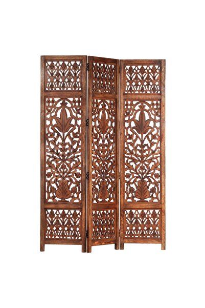 Concept Paravan cameră sculptat manual 3 panouri maro 120x165 cm mango