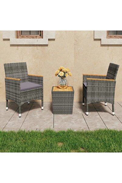 Concept Set mobilier bistro, 3 piese, gri, poliratan și lemn de acacia