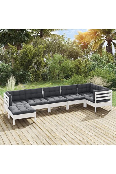 Concept Set mobilier de grădină cu perne, 7 piese, alb, lemn masiv pin