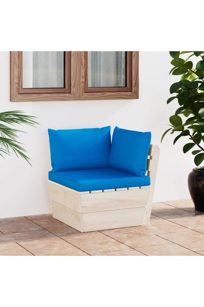 Concept Γωνιακός καναπές κήπου από παλέτες με μαξιλάρια, επεξεργασμένο ξύλο ε...