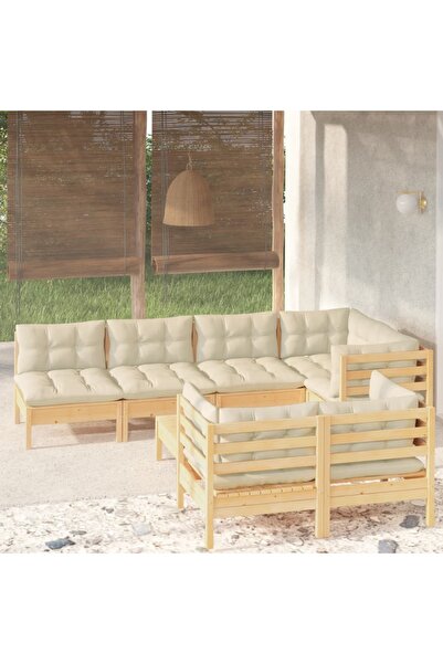 Concept Set mobilier grădină cu perne crem, 8 piese, lemn masiv de pin