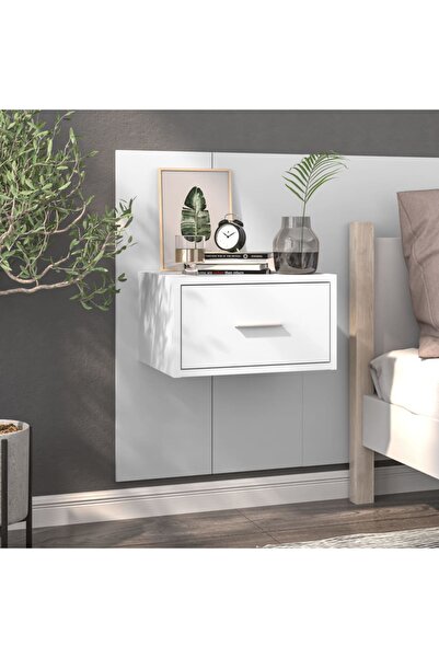 Concept Επιτοίχιο κομοδίνο, γυαλιστερό λευκό, επεξεργασμένο ξύλο