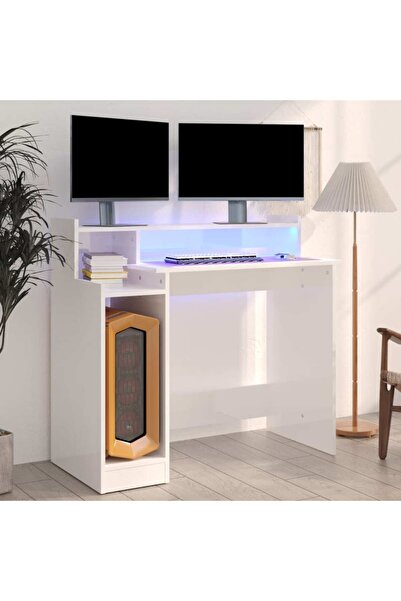 Concept Birou cu lumini LED alb extralucios 97x90x45 cm lemn compozit