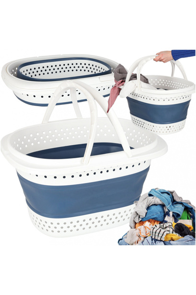 Ikonka Foldable laundry basket White/Blue, spacious and Compact, made of sili...