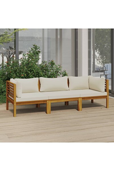 Concept Τριθέσιος καναπές κήπου, μαξιλάρια κρεμ χρώματος, μασίφ ξύλο ακακίας