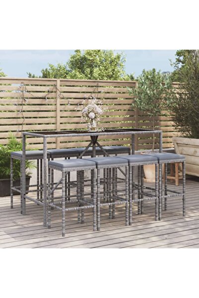 vidaxl Set mobilier bar de gradina, cu perne, 9 piese, gri, poliratan