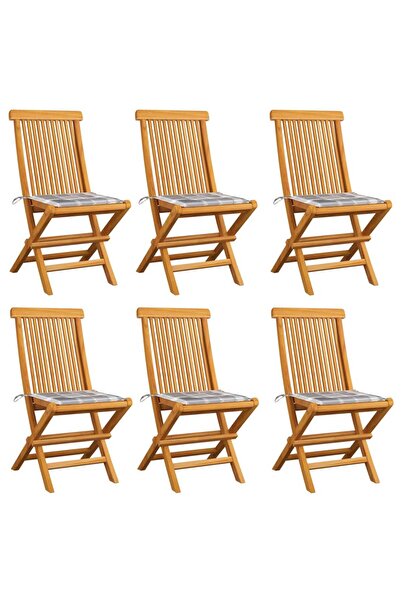 Concept Καρέκλες κήπου με γκρι καρό μαξιλάρια, 6 τεμ., από μασίφ ξύλο τικ