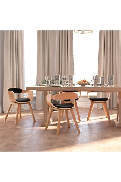 Concept Scaun de bucătărie, 4 buc. negru piele ecologică și lemn curbat