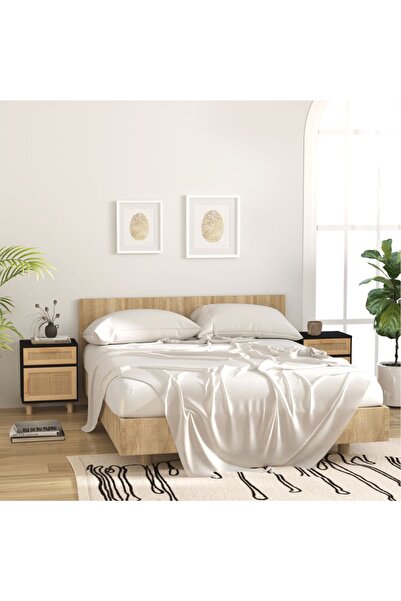 Concept Noptiere, 2 buc., alb, lemn masiv de pin și ratan