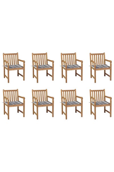 Concept Καρέκλες κήπου, γκρι καρό μαξιλάρια, 8 τεμάχια, μασίφ ξύλο τικ