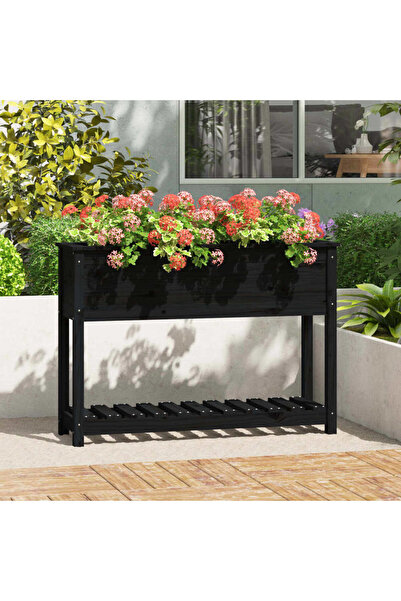 Concept Γλάστρα με ράφι, μαύρη, 111,5x34,5x81 cm, από μασίφ ξύλο πεύκου