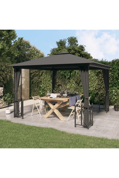 Concept Foișor cu pereți laterali și acoperișuri duble, antracit, 3x3 m