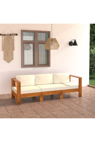 Concept Τριθέσιος καναπές κήπου, λευκά/κρεμ μαξιλάρια, μασίφ ξύλο ακακίας