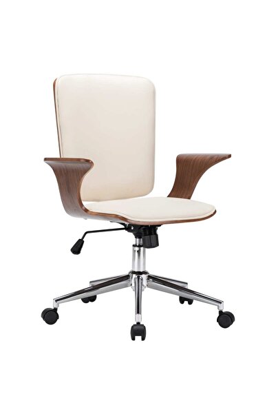 Concept Scaun de birou rotativ, crem, piele ecologică și lemn curbat