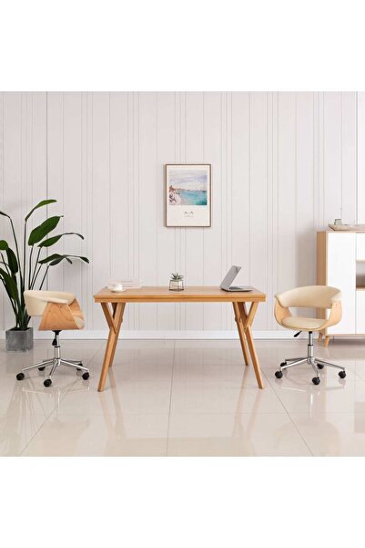 Concept Scaun de birou pivotant, crem, lemn curbat și piele ecologică