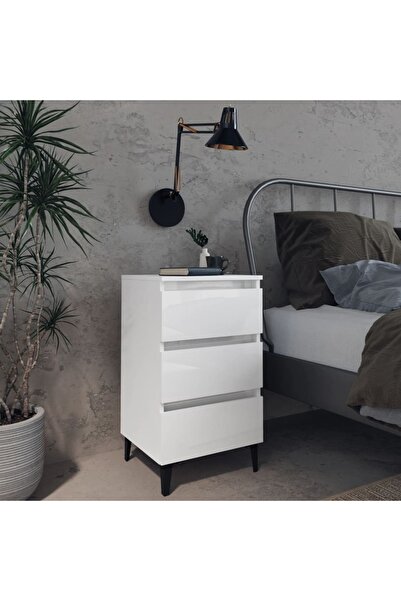 Concept Noptieră cu picioare metalice, alb extralucios, 40x35x69 cm