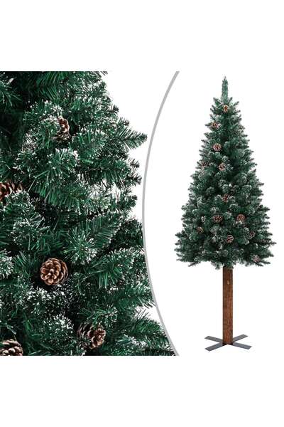 Concept Pom Crăciun artificial subțire, lemn și zăpadă, verde, 210 cm