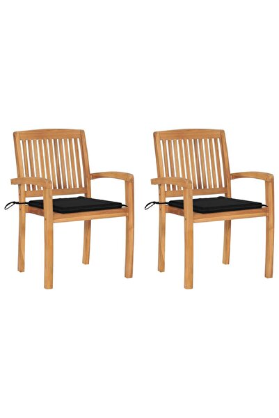 Concept Καρέκλες κήπου με μαύρα μαξιλάρια, 2 τεμ., από μασίφ ξύλο τικ