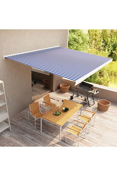 Concept Copertină manuală tip casetă, albastru și alb, 450 x 300 cm