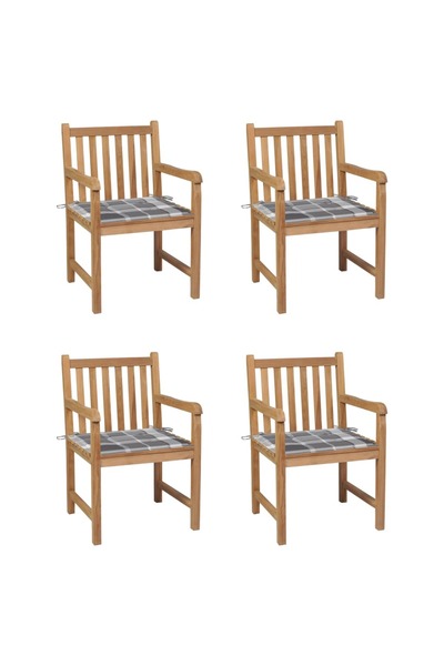 Concept Καρέκλες κήπου, γκρι καρό μαξιλάρια, 4 τεμάχια, μασίφ ξύλο τικ